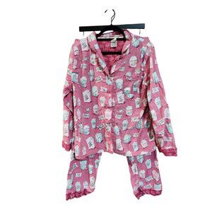 Munki Munki Womens Pink Popcorn Print Pajama Set Long Sleeve & Pants Size L